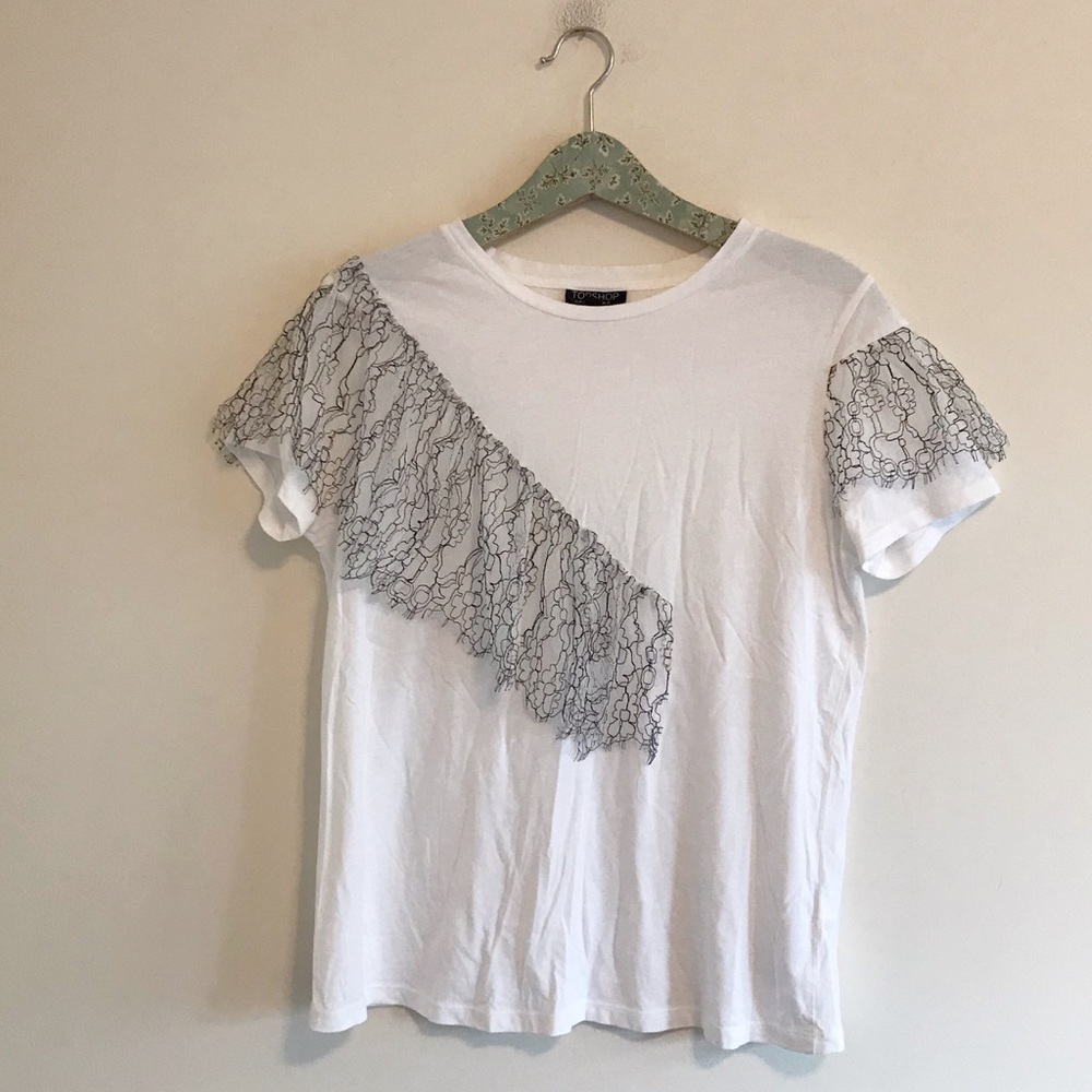 Topshop | White Lace Trim Short Sleeve Tee